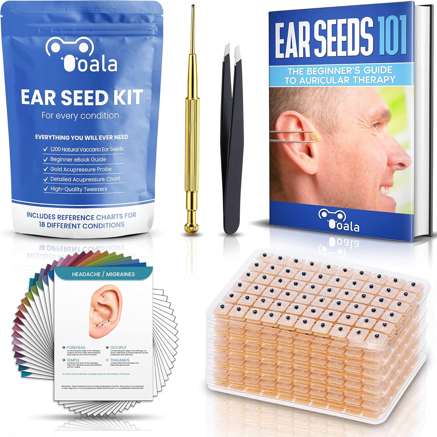 Multi-Condition Ear Seeds Acupuncture Kit | Includes 1200 Ear Seeds, 18 Placement Charts, Acupressure Probe, Tweezers, and a Beginners Guide