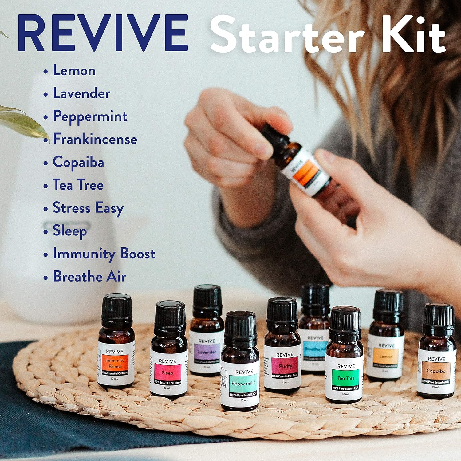 Basics Kit with Halo Diffuser by Revive Essential Oils - 100% Pure Therapeutic Grade, for Diffuser, Humidifier, Massage, Aromatherapy, Skin  Hair Care