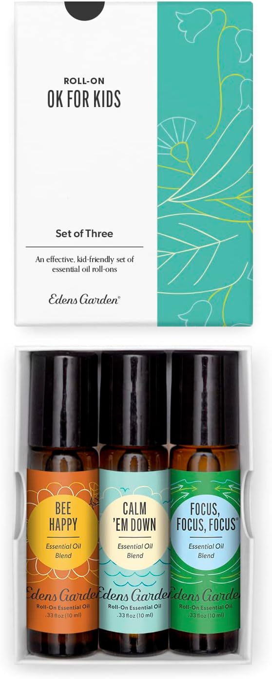 Edens Garden OK for Kids Roll-On 3 Set, Best 100% Pure Essential Oil Blend Aromatherapy Starter Kit (Child Safe 2+, Pre-Diluted  Ready to Use), 10 ml Roll-On Set of 3