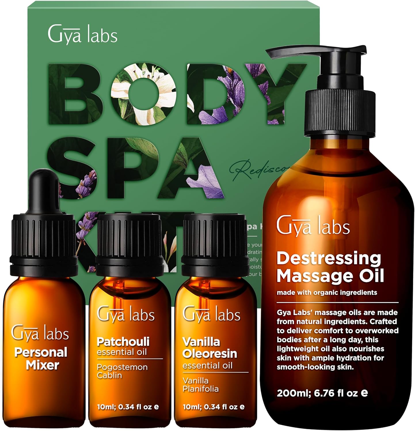 Gya Labs Body Massage Oil for Women (Set of 4) - Natural Scents of Vanilla, Patchouli  De-Stressing Massage Oil - Home Spa Essential Oil Gift Set to Supercharge Your Skin  Body with Relaxation