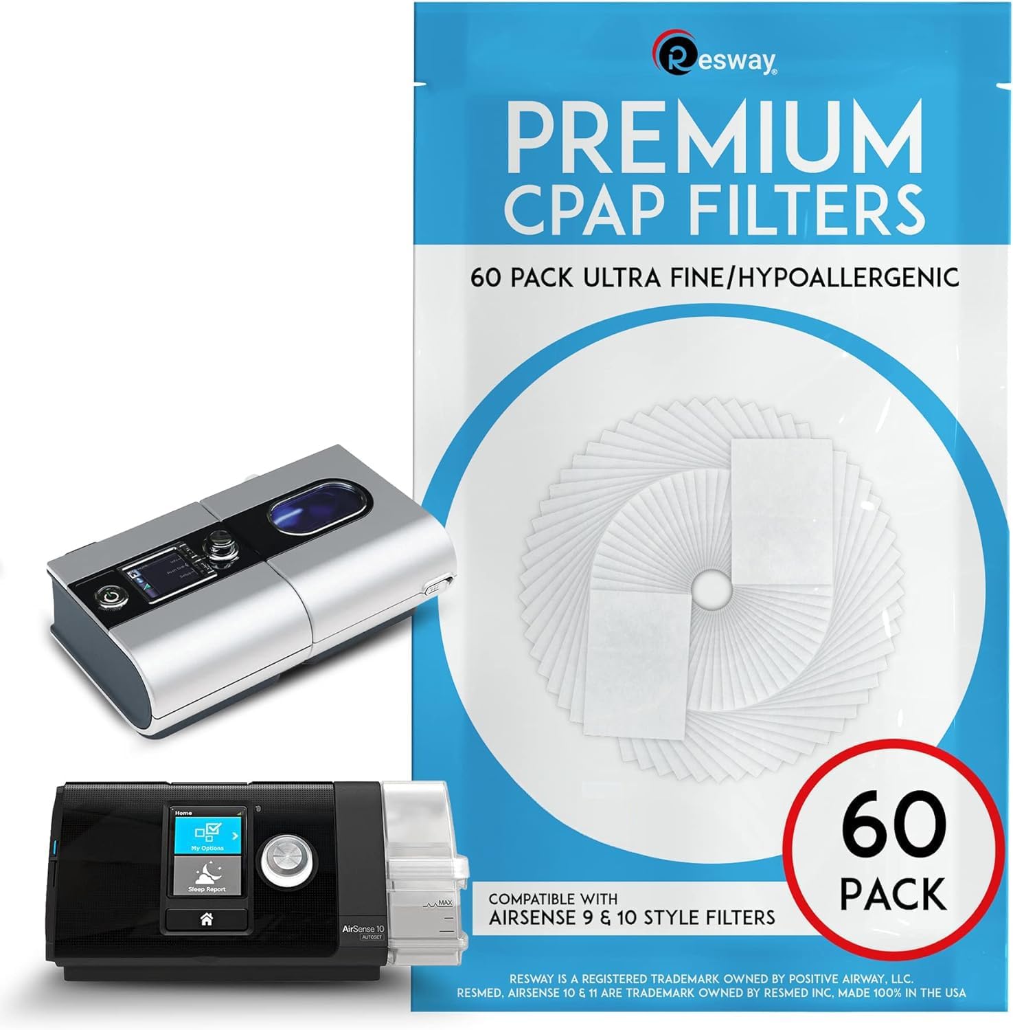 Premium Resway Disposable Hypoallergenic CPAP Filters | Compatible with ResMed S9 and Airsense 10 | Ultra Fine Filters for Dust, Dander, Pollen | 60 Replacement Filters