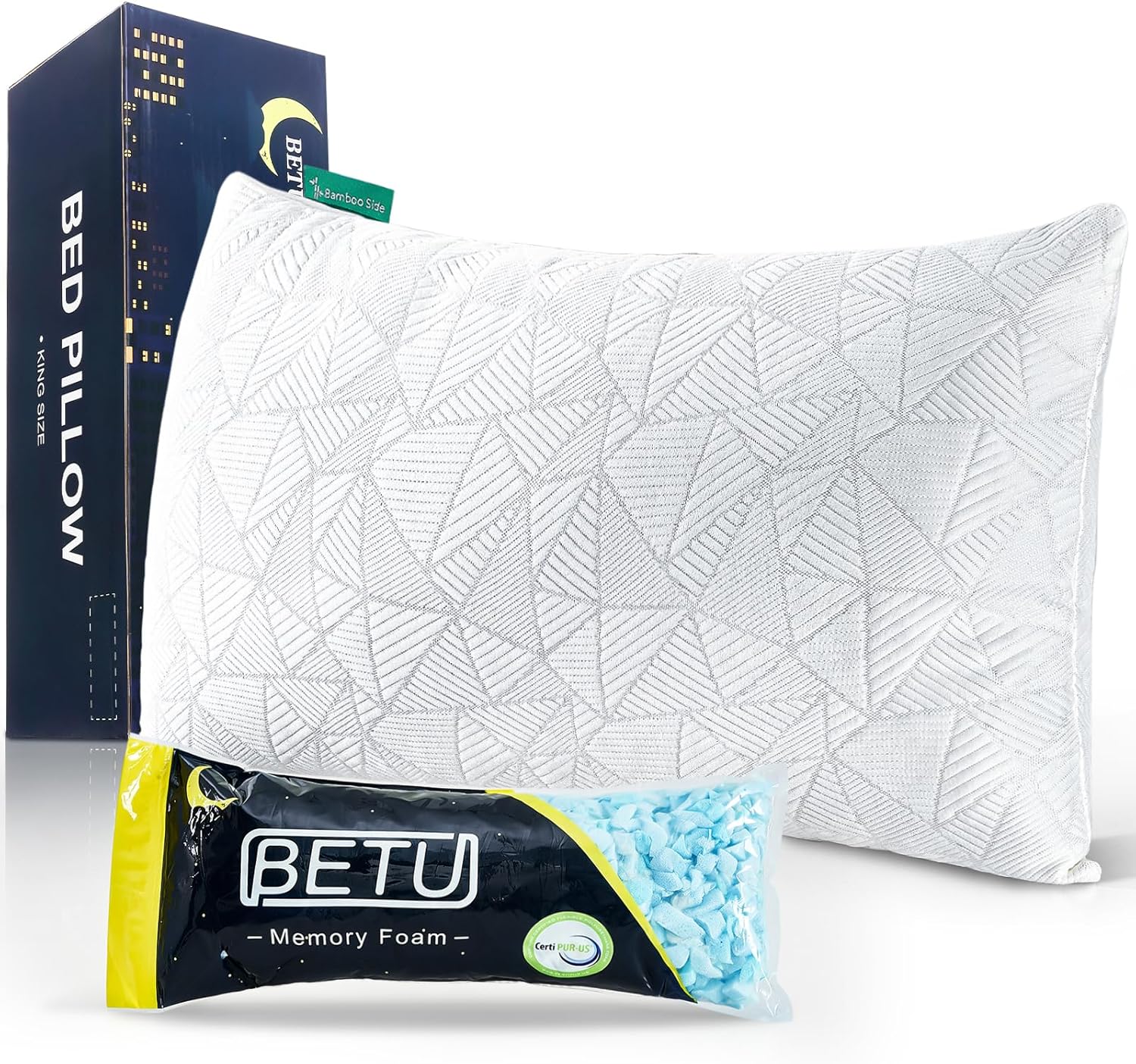 BETU Cooling Pillow Queen Size, Shredded Memory Foam Cool Pillow for Hot Sleepers, Adjustable Firm Soft Support Bed Pillows Perfect for Back Neck Pain and Side Sleeping with Pillow Case Cover, White