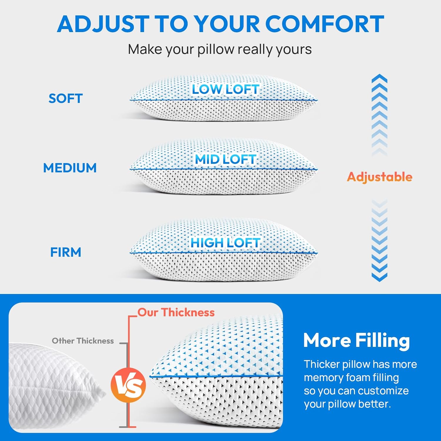 Cooling Gel Memory foam Pillows Queen Size Set of 2 for Sleeping,Bamboo Rayon Adjustable Shredded Foam Bed Pillows 2 Pack for Side, Back, Stomach Sleepers with Luxury Washable Breathable Pillowcase