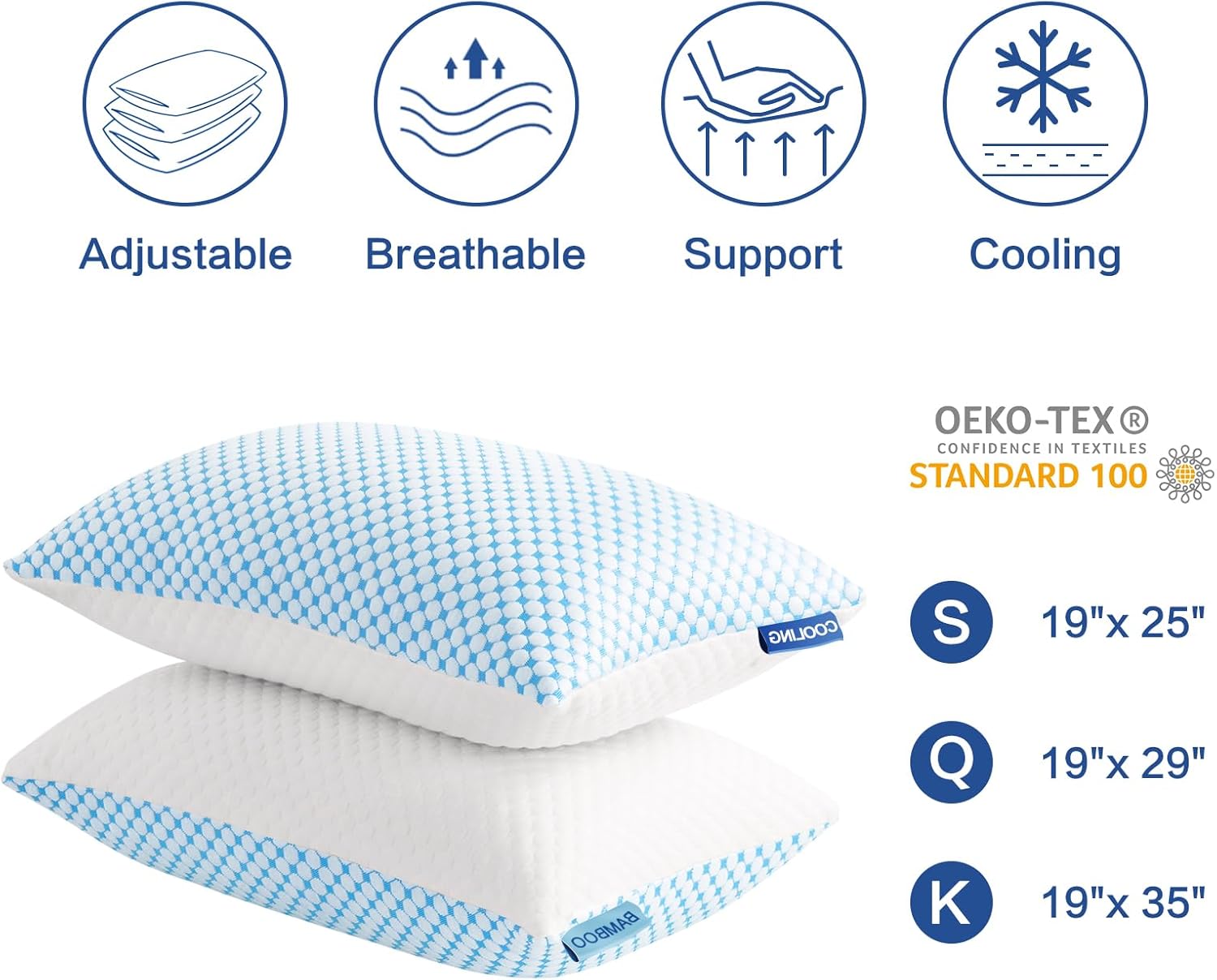 EASELAND Firm Pillow Shredded Memory Foam(Adjustable Loft), Cooling Breathable for Sleeping Queen Size 2 Pack