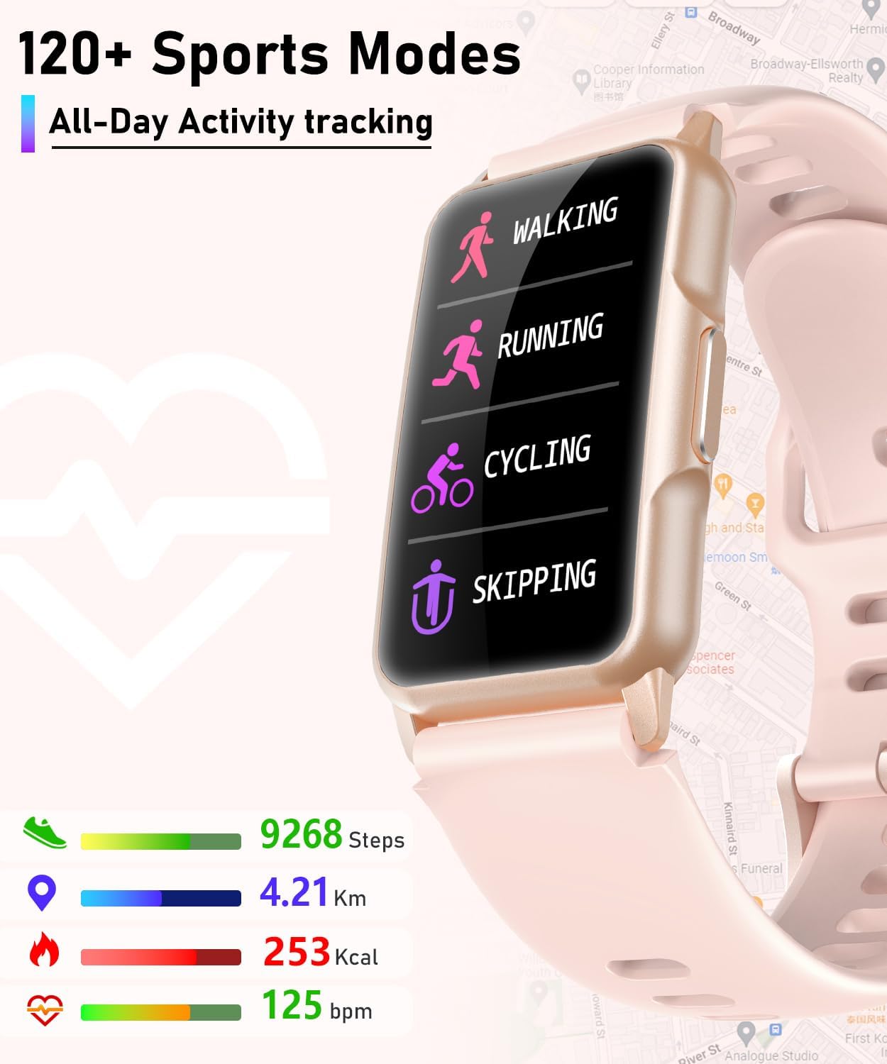 Smart Watch Fitness Tracker with 24/7 Heart Rate, Blood Oxygen Blood Pressure Monitor Sleep Tracker 120 Sports Modes Activity Trackers Step Calorie Counter IP68 Waterproof for Andriod iPhone Women Men