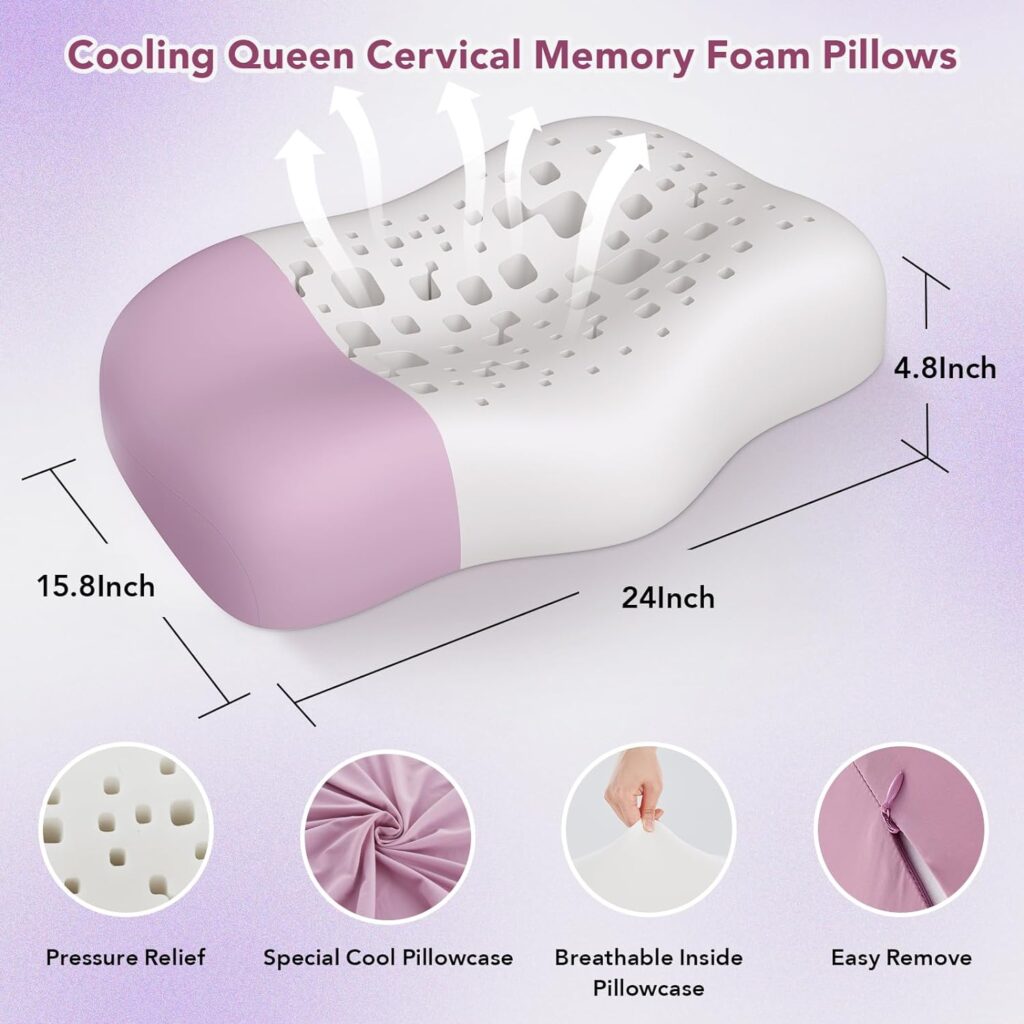 Memory Foam Pillows, Queen Cervical Neck Support Deep Sleep Orthopedic Contour Pillows, Ventilated Bed Pillow for Side Back Stomach Sleepers, Neck and Shoulder Pain, Cooling Pillow (Purple)