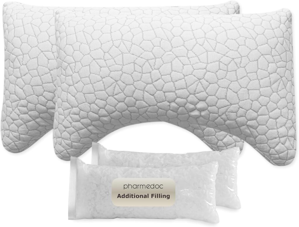 Pharmedoc Memory Foam Pillows - Side Sleeper Pillow - Curved Pillow - Deep Center - Neck Pillow for Pain Relief - Queen Bed Pillow - Adjustable Shredded Memory Foam