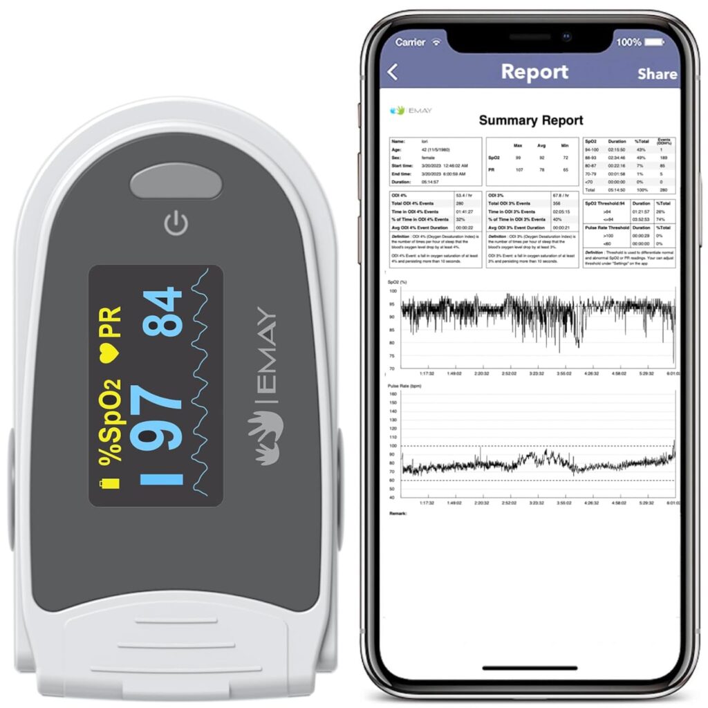 EMAY Sleep Oxygen Monitor with Built-in Recording Capability | Track Continuous Blood Oxygen Levels  Pulse Rate Overnight | Provides Sleep Report  Raw Data