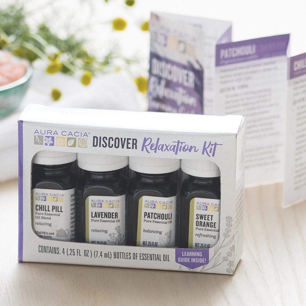 Aura Cacia Essential Oil Relaxation Kit, 4-Pack, Lavender, Patchouli, Sweet Orange, Chamomile, Sweet Basil  Learning Guide