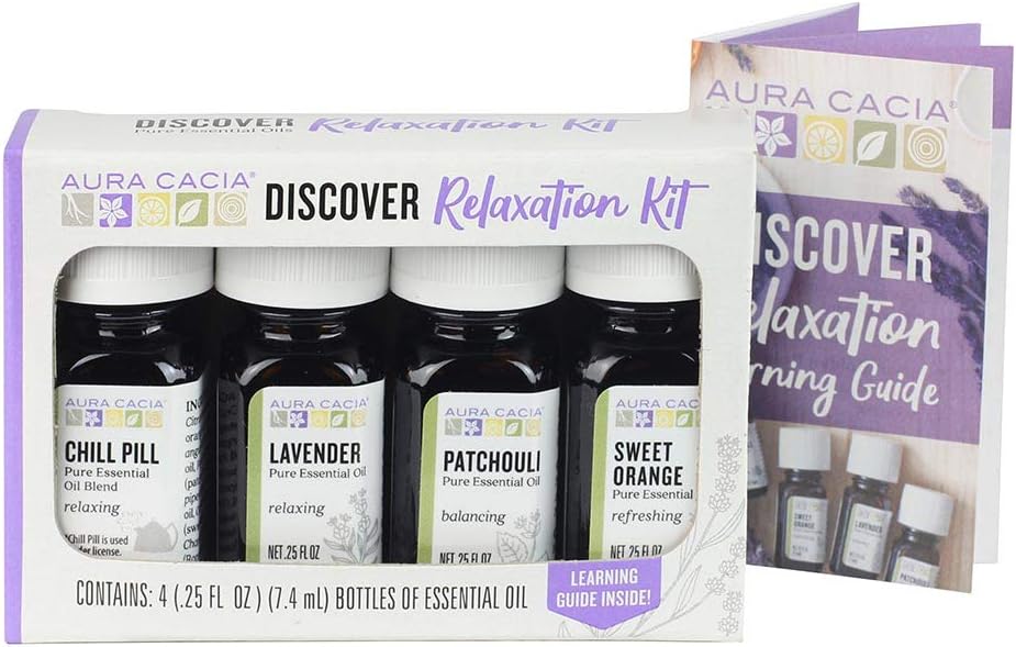 Aura Cacia Essential Oil Relaxation Kit, 4-Pack, Lavender, Patchouli, Sweet Orange, Chamomile, Sweet Basil  Learning Guide