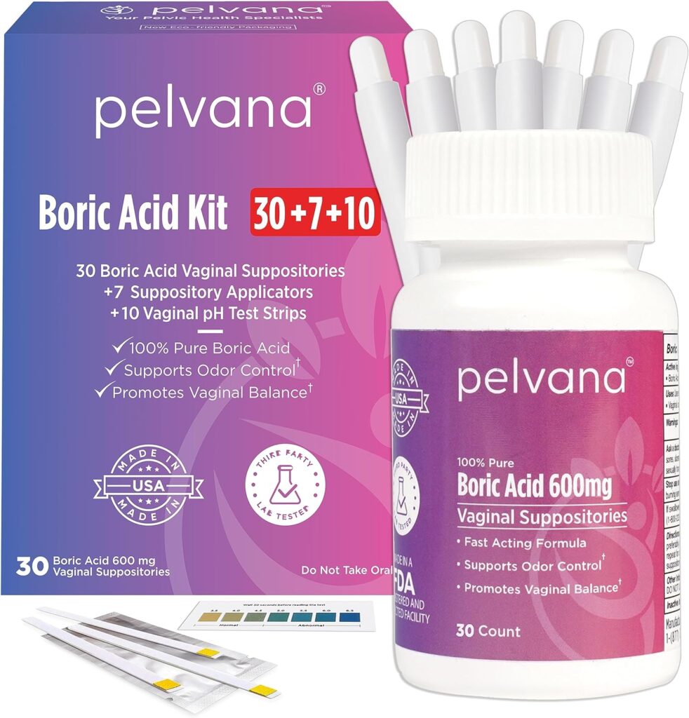 Boric Acid Suppositories for Women 30 + 7 Applicators + 10 pH Test Strips = 47 Piece Kit for Vaginal pH Balance, Odor, Itching,  Discharge