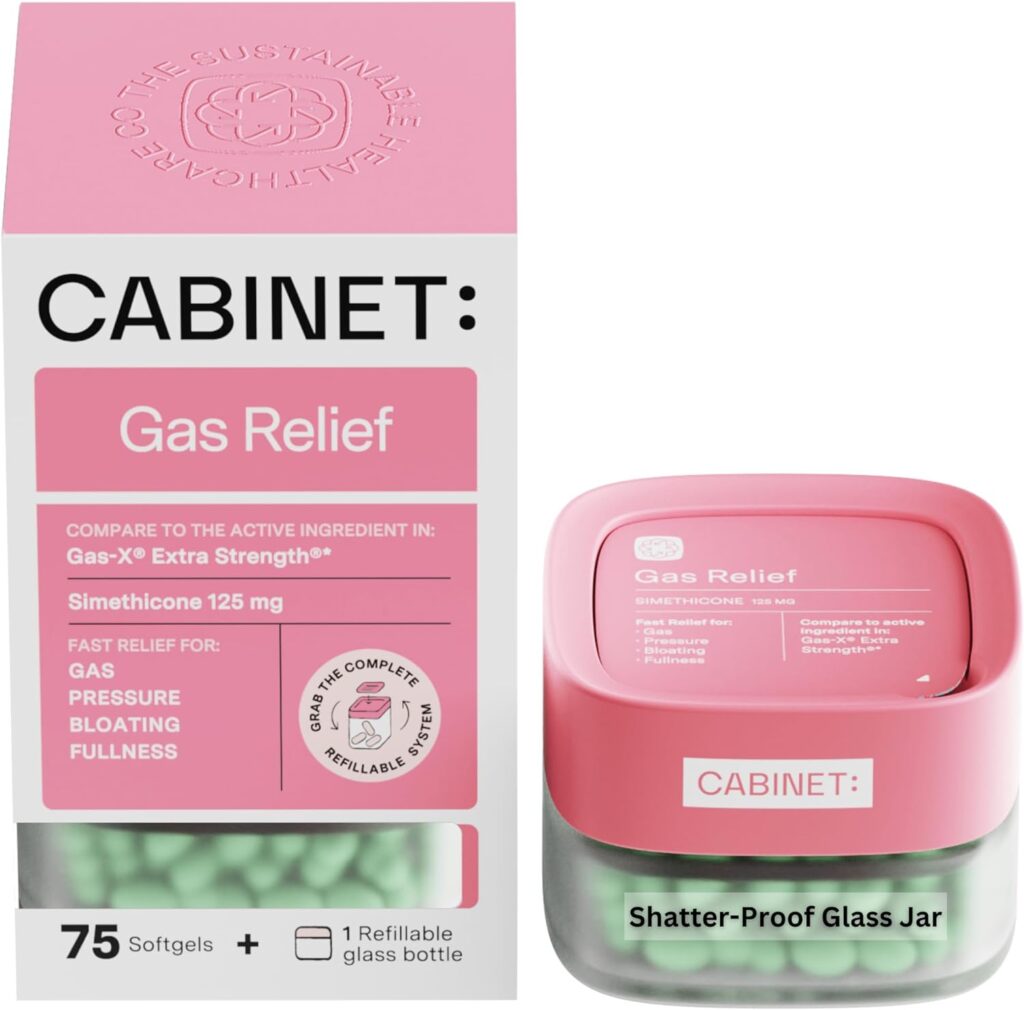 Cabinet: Maximum Gas Relief for Adults w/Active Ingredient Simethicone 125g Compares to Leading Brand, Relief for Bloating, Burping,  Cramps, 75 Softgels (Starter Kit)