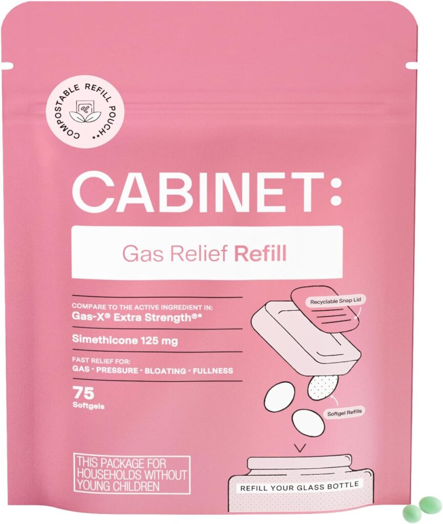 Cabinet: Maximum Gas Relief for Adults w/Active Ingredient Simethicone 125g Compares to Leading Brand, Relief for Bloating, Burping,  Cramps, 75 Softgels (Starter Kit)