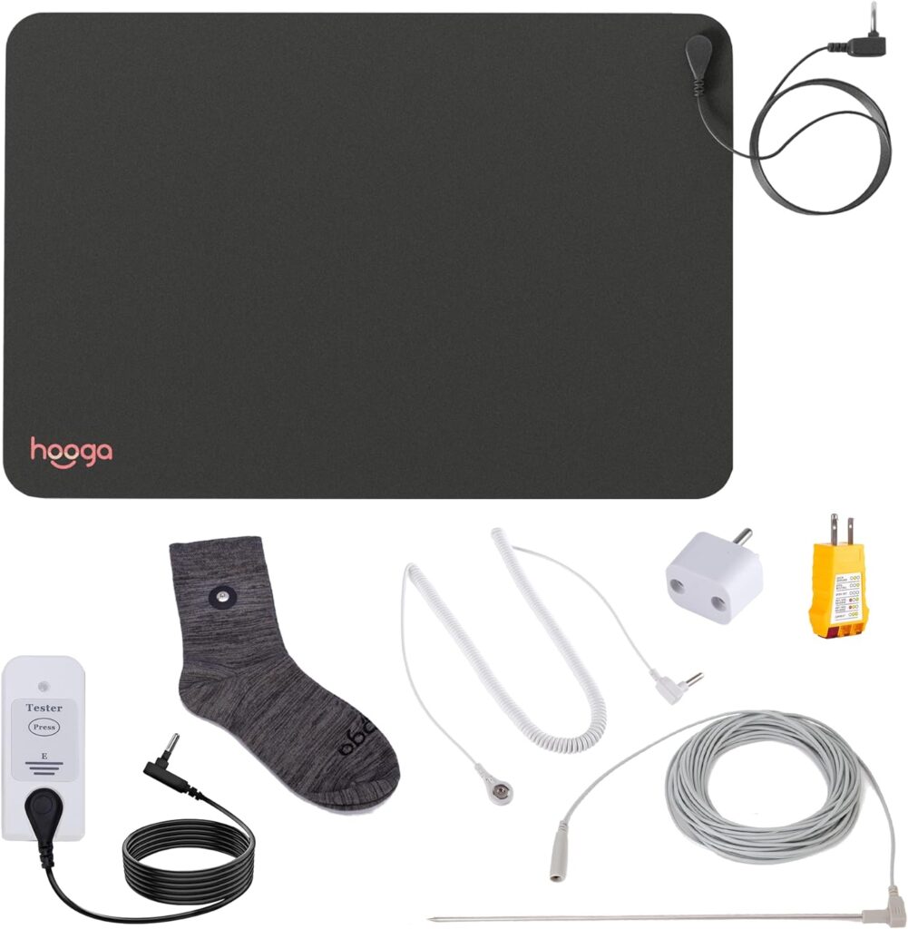 Hooga Grounding Mat Kit for Pain Relief, Energy, Sleep, Inflammation, Wellness with Conductive Socks, Adapter, Outlet Tester, Continuity Tester, Extra Grounding Cord