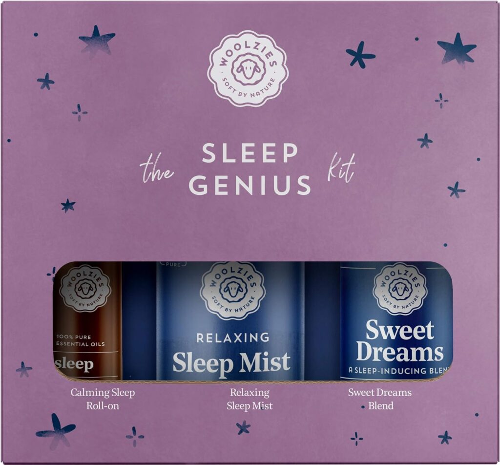 Woolzies Sleep Genius Better Night Kit | Includes Lavender Essential Oil Roll-On, Relaxing Face + Body Sleep Mist  Sweet Dreams Essential Oil Blend