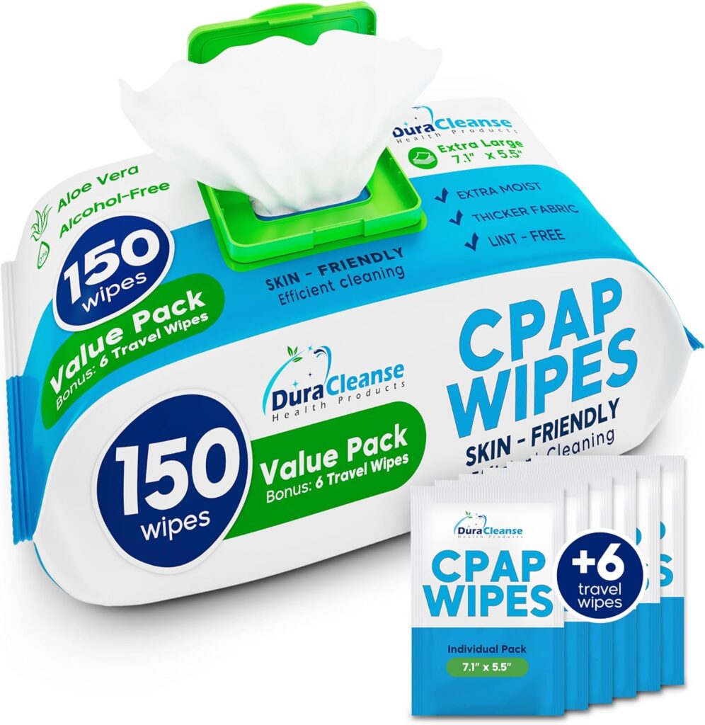 CPAP Mask Wipes - 150 Count Jumbo Pack + 6 Travel Wipes - DuraCleanse Extra Large, Extra Moist Cleaning Wipes for Full Face, Nasal Masks - Unscented Cleaner for CPAP Machine, Supplies and Accessories